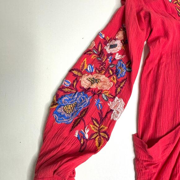 Free People Mia Red Floral Embroidered Gauze Long Sleeve Mini Swing Dress S - Picture 5 of 11